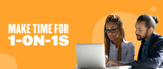 make time for one-on-ones, collaboration, diverse professionals, vibrant orange background, two individuals engaged in discussion