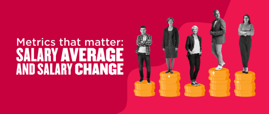 metrics that matter salary average and salary change, diverse group of people standing on stacks of coins in a vibrant background