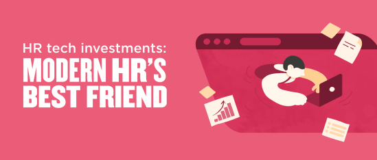 HR tech investments for modern HR illustrated with a person working on a laptop among paper documents and a graph., HR technology benefits for modern human resources management illustrated in a vibrant graphic design.
