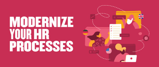 modernize-your-hr-processes, colorful-graphic-with-illustrations-of-people-using-devices-and-international-flags