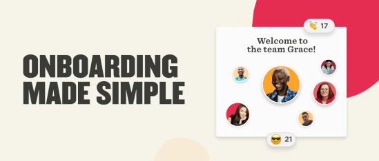 onboarding made simple graphic featuring diverse team members welcoming Grace, team collaboration and support visual representation