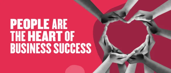 people hands forming heart shape on pink background, emphasizing teamwork and business success, text reads 'People are the heart of business success'