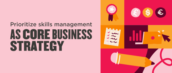 skills management business strategy, colorful graphics depicting planning, growth charts, and financial symbols