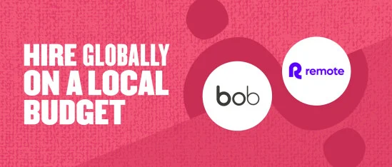 hire globally on a local budget, bob and remote logos on a vibrant pink background with abstract shapes