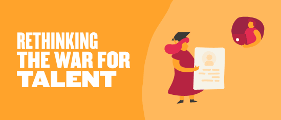 rethink talent acquisition, colorful illustration of a woman with diploma and a remote employee on a laptop