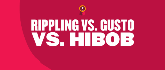 Rippling vs. Gusto vs. Hibob competition graphic with bold text on a vibrant red background and a first-place ribbon. Rippling, Gusto, Hibob