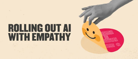 Rolling out AI with empathy, featuring a hand pulling a smiling face with tech patterns and colorful design elements. AI, empathy