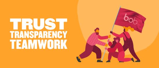 trust teamwork flag, transparency collaboration diverse group holding bob flag