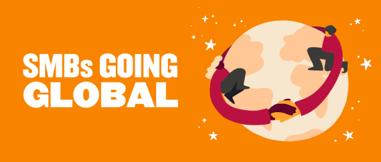 SMBs going global illustration featuring two people shaking hands around the globe on an orange background, Global business expansion for SMBs