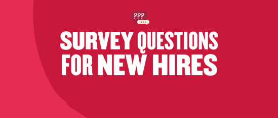 survey questions graphic for new hires, bold text on vibrant red background with speech bubbles indicating inquiry