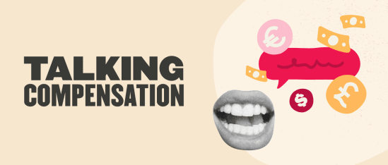 talking compensation, mouth with open smile and speech bubble featuring currency symbols.
