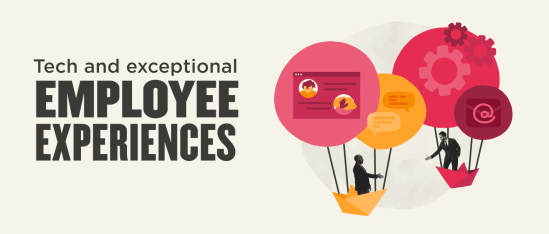 tech-driven employee experiences in colorful balloons with messaging icons, people in suits engaging in conversation elements