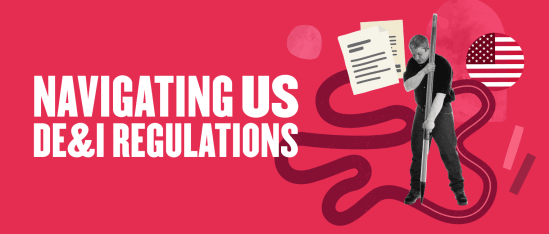 navigating US DEI regulations with a person holding a tool, visual elements include documents and the US flag, culture compliance visual design