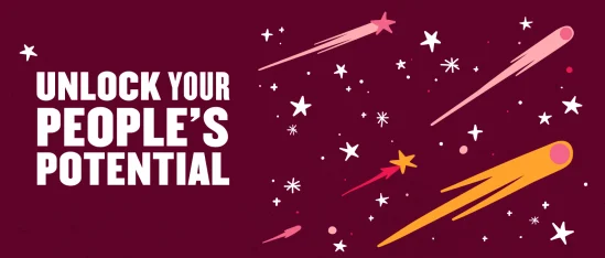 unlock potential with shooting stars and bright colors on a maroon background, colorful comet illustration with text
