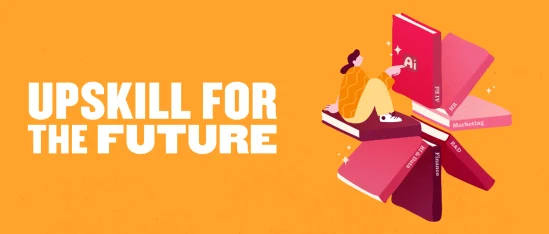 upskill for the future illustration with a person sitting on colorful stacked books representing various fields, colorful books and learning themes