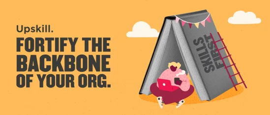 Upskill campaign visual featuring a person working under a giant book, emphasizing skill development and organizational growth. upskill, skills-development