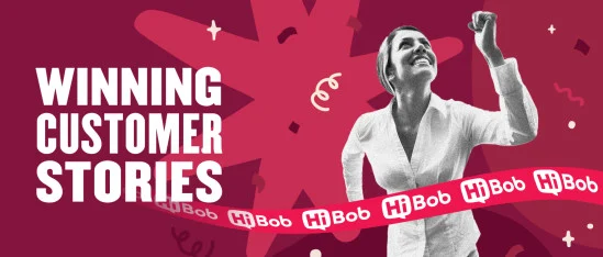 winning customer stories with woman celebrating success in dynamic design featuring HiBob brand elements, woman celebrating success in vibrant background with HiBob branding