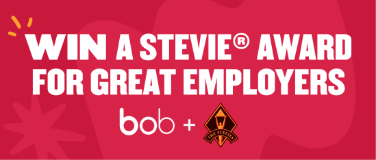 win a stevie award for great employers bob logo stevie trophy graphic on vibrant red background, win stevie award for great employers red background bob logo graphic