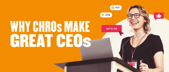 CHRO speaking at a conference with positive reactions; bright orange background emphasizes the topic of leadership, leadership conference, CEO insights