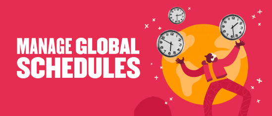 manage global schedules, colorful illustration of a figure juggling clocks with a vibrant background, illustration of time management concept