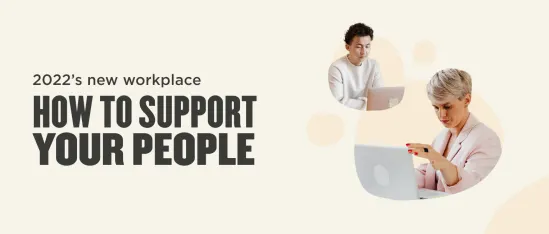 2022 workplace support strategies with engaged professionals on laptops, modern workspace environment focusing on team well-being