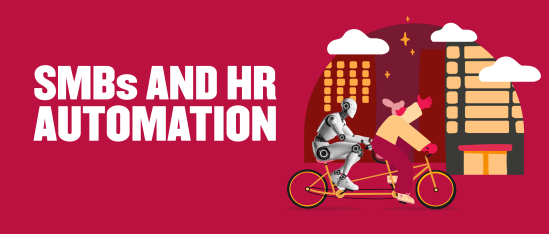 SMBs HR automation with robot and human on a bicycle, colorful cityscape background, dynamic teamwork theme, SMBs automation HR teamwork visual illustration