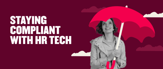 staying compliant with HR tech umbrella concept woman smiling, compliance support HR technology illustration