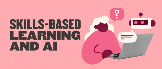 skills-based learning, AI interaction with person using laptop and speech bubbles
