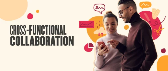 cross-functional collaboration, diverse professionals sharing ideas on smartphone with vibrant graphic elements in background