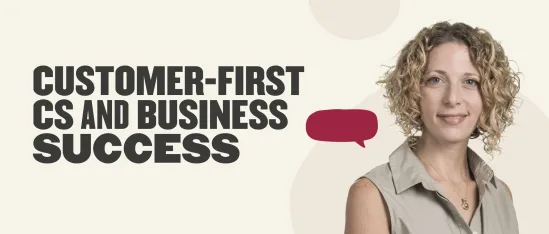 customer-first approach to business success with woman in a light shirt and speech bubble, business growth and customer service focus