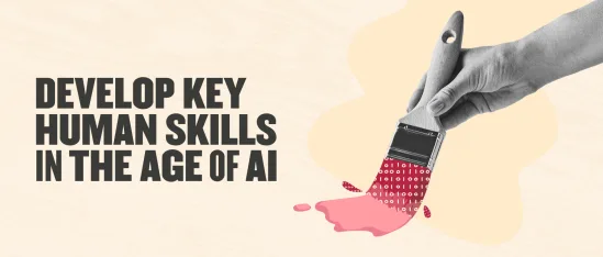 develop human skills in age of AI, paintbrush with binary code and color splash on a textured background