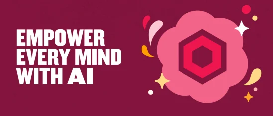Empower every mind with AI message over a pink flower shape and colorful abstract elements on a maroon background. , AI, Empowerment