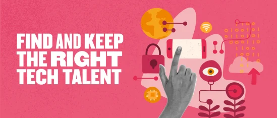 find tech talent with hand on smartphone surrounded by graphics like locks, eye, and world in vibrant colors, engagement and security in tech hiring