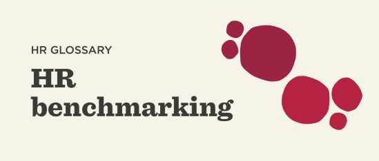 HR glossary featuring 'HR benchmarking' text with abstract red shapes on a light background., HR glossary, HR benchmarking