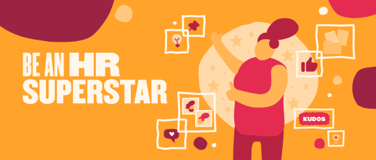 be an HR superstar with icons of engagement and recognition on a vibrant orange background, HR engagement and motivation graphics