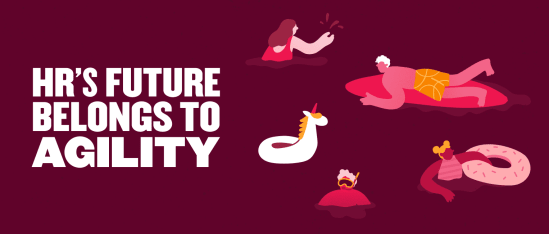 HR's future focuses on agility with colorful playful illustrations of people on floats and a unicorn. Fun design elements. HR, Agility