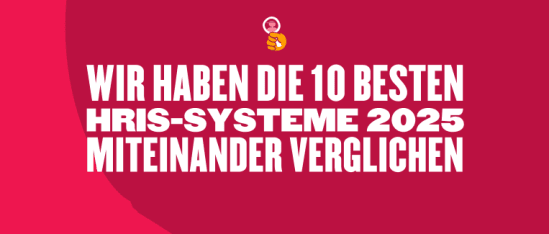 HRIS-Systeme 2025: Top 10 verglichen auf rotem Hintergrund mit auffälliger Schrift und grafischem Element. , HRIS2025, Systemvergleich