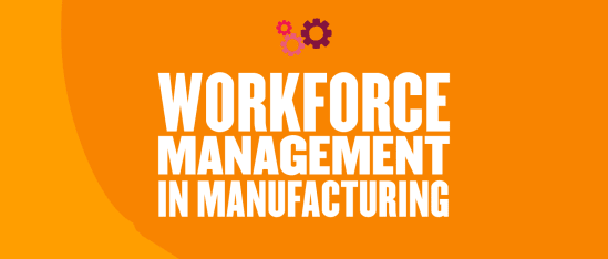 workforce management in manufacturing, orange background with gears and flowers icons
