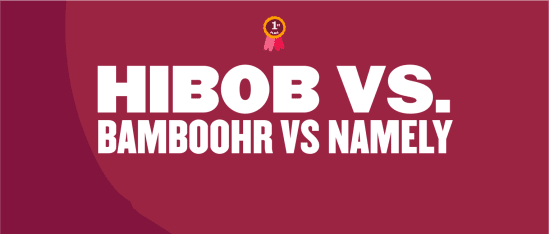 HIBOB vs BAMBOOHR vs NAMELY with a first place ribbon; bold text and maroon background emphasize competition. hibob, bamboohr, namely