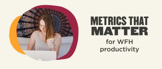woman working from home, metrics for productivity, colorful background elements