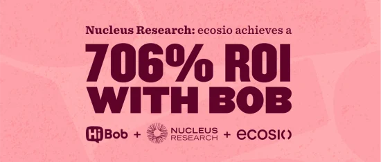 Nucleus Research reveals a 706% ROI for ecosio with Bob. Collaboration showcased by logos of HiBob, Nucleus, and ecosio. Nucleus_Research, ROI_706%_ecosio