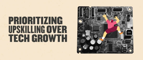 circuit board with climbing figure and text prioritizing upskilling over tech growth, upskilling illustration on electronics background