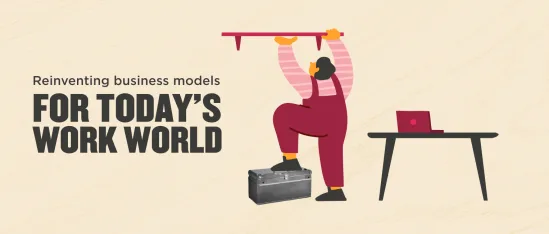 reinventing business models for today's work world, worker using tools near a desk with a laptop and toolbox