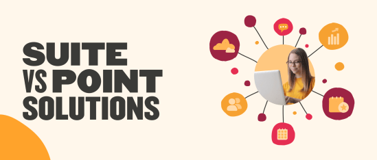 suite_vs_point_solutions, woman_using_laptop_with_infographic_elements