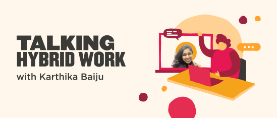 talking hybrid work, Karthika Baiju video conference illustration
