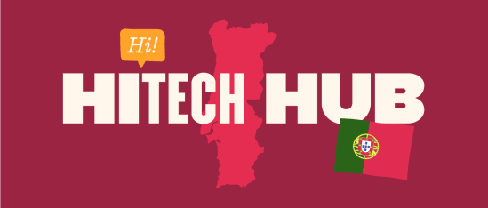 hitech hub logo with Portugal map and flag on a maroon background, featuring a friendly greeting bubble, Portugal tech innovation visual representation