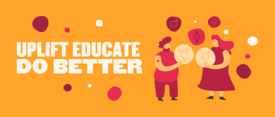 uplift educate do better graphic with diverse characters discussing gender symbols on vibrant orange background, gender equality illustration