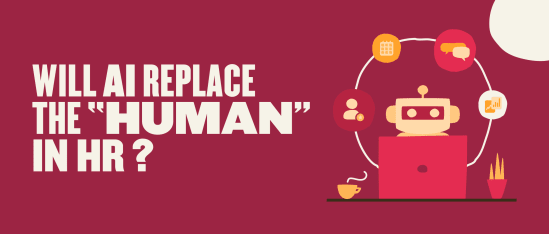 AI in HR discussion with a robot illustration, text asking if AI will replace human roles in human resources. , AI, HR