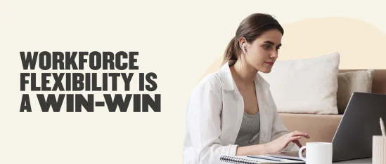 workforce flexibility win-win, woman working on laptop with coffee in cozy setting, promoting remote work benefits