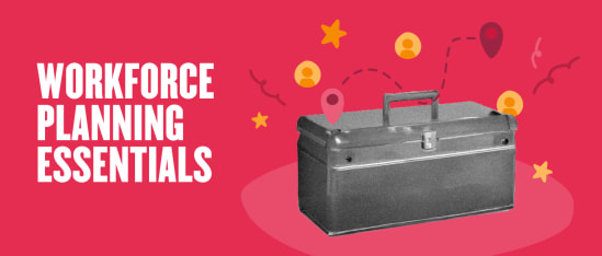 workforce planning toolbox on bright pink background with icons of people and locations, toolbox graphic representing planning essentials